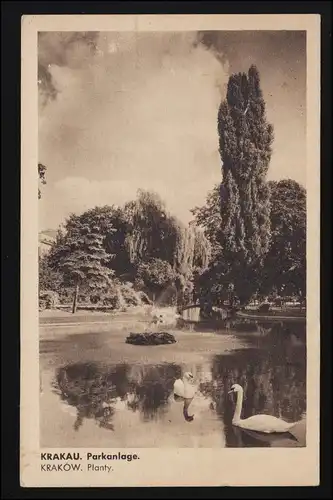 Photo AK Ars Sacra No 4 KRAKOW Park avec cygnes, courrier de terrain, CRAKAU 22.5.1941