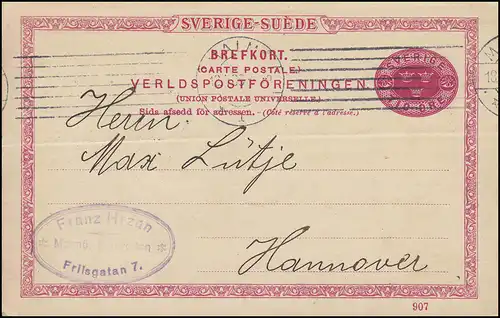 Postkarte P 25 SVERIGE-SUEDE mit DV 907, MALMÖ 19.4.1909 nach Hannover