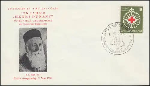 164 Rotes Kreuz Henri Dunant 1953 auf Schmuck-FDC ESSt AUGSBURG 8.3.53