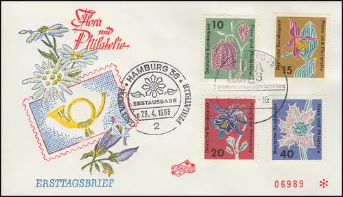 401-404 Ausstellung Flora und Philatelie 1963: Satz auf FIDACOS-FDC ESSt HAMBURG