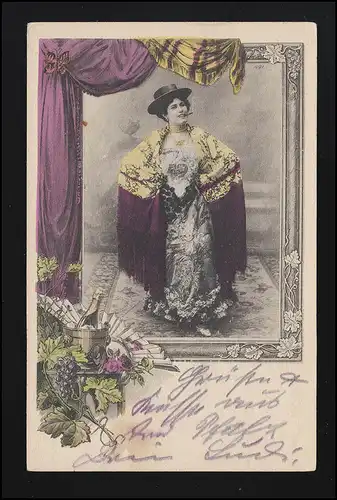 Künstler-AK Rauchende Schauspielerin Sektflasche, nach FRANKFURT/MAIN 22.11.1902