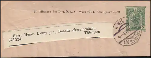 Österreich Streifband Kaiser Franz Joseph 5 Heller, WIEN 15.6.1908 nach Tübingen