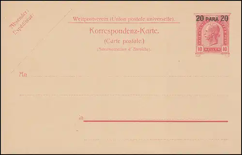 Levante Postkarte P 16 Aufdruck 20 Para auf 10 Heller, ungebraucht