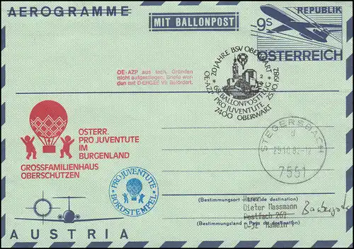 Österreich Aerogramme LF 19 BALLONPOST OE-AZP 68. Ballonflug Oberwart 25.10.1982