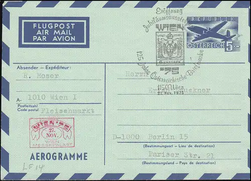 Österreich Aerogramme LF 14: SSt WIEN Ausstellung 125 Jahre Briefmarken 27.11.75