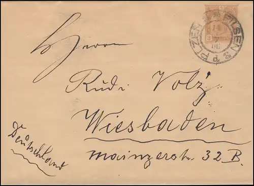 Österreich Streifband S 6 Kaiser Franz Joseph 3 Heller, PLZEN PILSEN 11.1.1906
