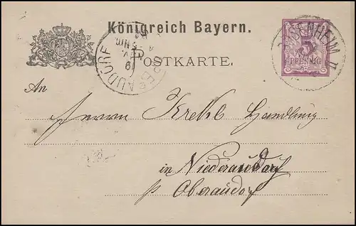 Bayern Postkarte Ziffer 5 Pf lila ohne DV: ROSENHEIM II 19.11.84 n. Niederaudorf
