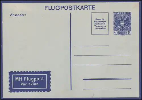 Österreich Luftpost-Postkarte LP 4 Wappen 20 G., ungebraucht, leicht fleckig