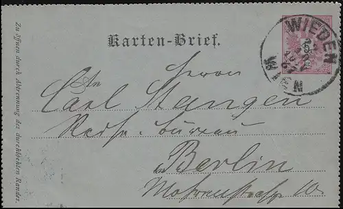 Österreich Kartenbrief K 8 WIEDEN WIEN 22.10.1887 nach Berlin 23.10.87
