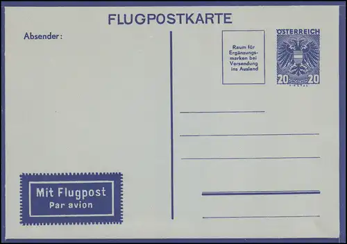 Österreich Luftpost-Postkarte LP 4 Wappen 20 G., ungebraucht, kleiner Eckmangel