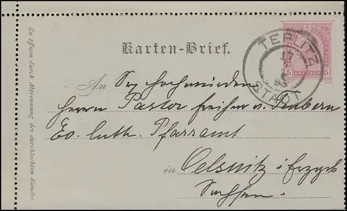 Österreich Kartenbrief K 22 TEPLITZ STADT 17.4.1895 nach OELSNITZ/ERZG. 18.4.95