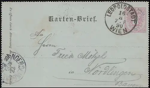 Österreich Kartenbrief K 8 LEOPOLDSTADT WIEN 16.8.1890 nach NÖRDLINGEN 17.8.