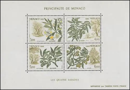 Monaco Block 41 Die vier Jahreszeiten: Olivenzweig 1988 ** / MNH 