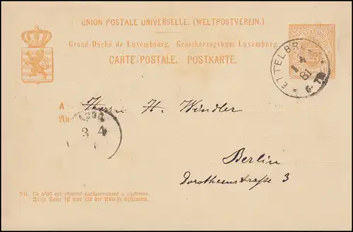 Luxemburg Postkarte P 32 ETTELBRUCK 1.4.1881 nach BERLIN Einkreis AUSG. 3.4.