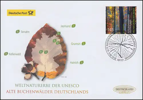3052 UNESCO: Alte Buchenwälder, nassklebend, Schmuck-FDC Deutschland exklusiv