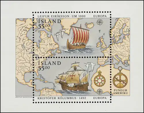 Islande Block 13 Union européenne CEPT: Découverte de l'Amérique 1992, ** / MNH