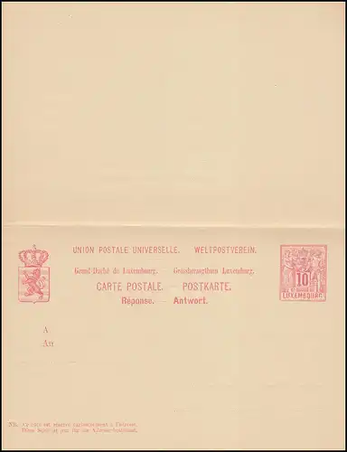 Luxemburg Postkarte P 52II Allegorie Doppelkarte 10/10 C., 139x90, ungebraucht