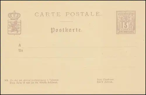 Luxemburg Postkarte P 43a Allegorie 5 C. mit Punkt, ungebraucht 