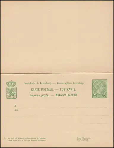 Luxemburg Postkarte P 55 Großherzog Adolf Doppelkarte 5/5 C. ungebraucht **/MNH