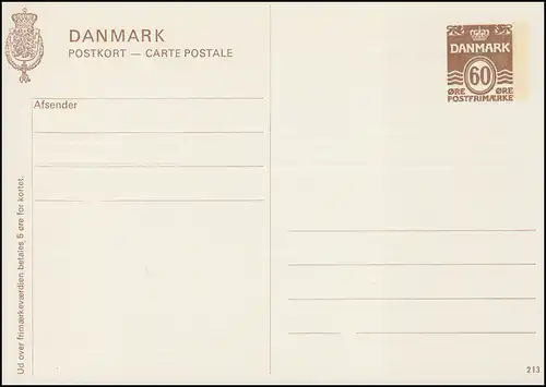 Dänemark Postkarte P 271 Ziffer 60 Öre, Kz. 213, Helbredskort, **