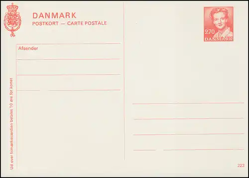 Dänemark Postkarte P 279 Königin Margrethe 2,70 Kronen, Kz. 222, **