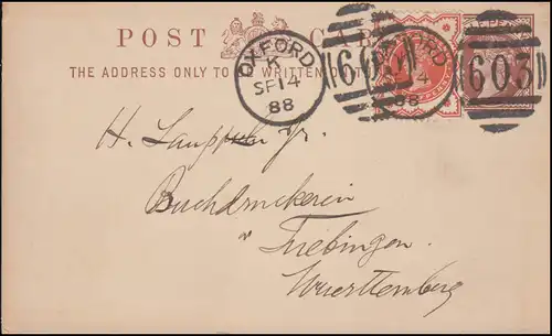 Großbritannien Postkarte Viktoria Half Penny Zusatzfr. DUP OXFORD 603 - 14.9.88