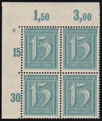 160 chiffre 15 pfennig: bloc à quatre angles numéro 8, non plié, **