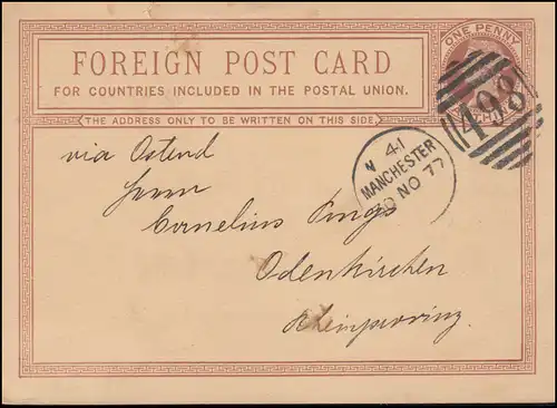 Royaume-Uni Carte postale P 4 DUP MANCHESTER 498 - 30.11.1877 vers Odenkirchen