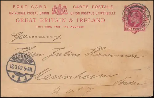 Royaume-Uni Carte postale P 31 Eduard VII LONDON F.S.9 - 12.3.1902 vers MANNHEIM