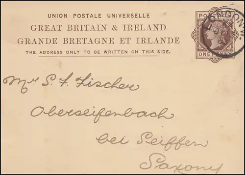 Royaume-Uni Carte postale P 16 de LONDON 13.7.1883 vers Oberseiffenbach / Saxe