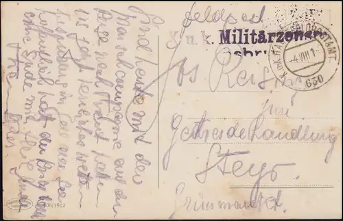 K.u.K. Militärzensur Innsbruck auf Feldpost 029 4.8.1915, AK Innsbruck Hofkirche