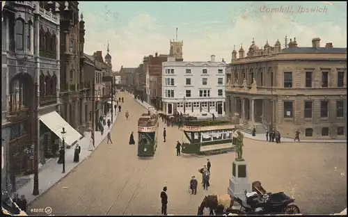 Großbritannien: AK von Cornhill - Straßenszene, IPSWICH 25.6.1909 nach Andover