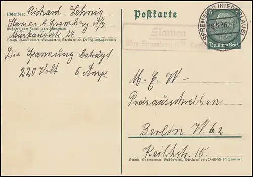 Landpost Slamen über SPREMBERG (NIEDERLAUSITZ) 18.5.36 auf Postkarte P 226I 