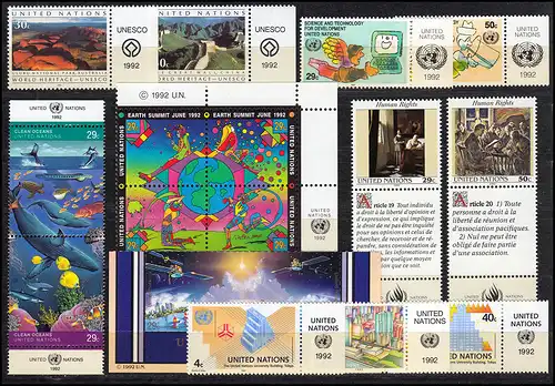 625-641 Nations Unies New York année 1992 complète - avec TAB, frais de port ** / MNH