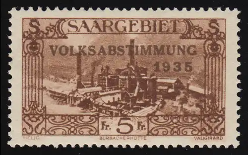 Saargebiet 193 Volksabstimmung 5 Fr. ** postfrisch