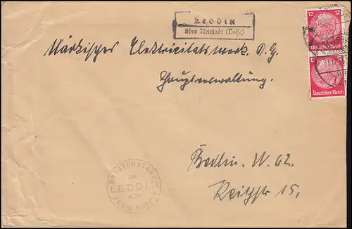 Landpost Leddin über NEUSTADT (DOSSE) LAND 31.12.37 auf Brief nach Berlin