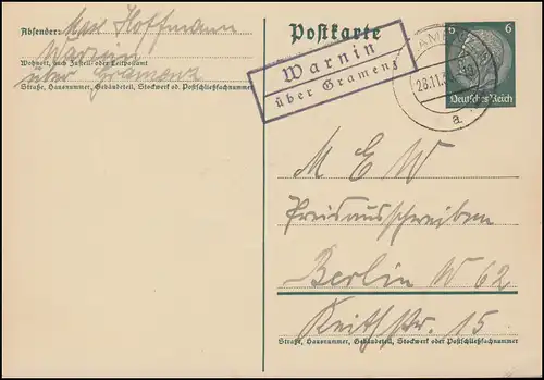 Landpost Warnin über GRAMENZ 28.11.35 auf Postkarte nach Berlin