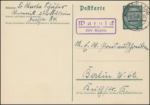 Landpost Warnic via KÜSTRIN LAND 13.5.36 sur carte postale à Berlin