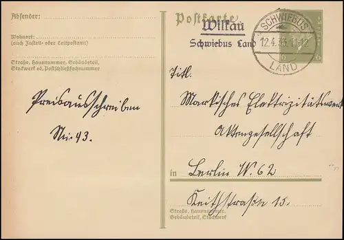 Landpost Wilkau / SCHWIEBUS LAND 12.4.33 auf Postkarte nach Berlin