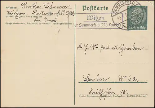 Landpost Witzen über SOMMERFELD (NIEDERLAUSITZ) 13.5.36, Postkarte nach Berlin