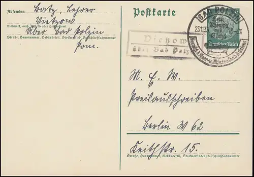 Landpost Vietzow über BAD POLZIN SSt Mineralbad 23.11.35 auf Postkarte