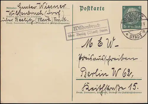 Landpost Wildenbruch über BEELITZ (MARK) STADT 18.5.36 auf Postkarte nach Berlin