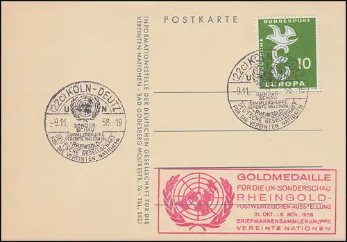 295 EUROPA CEPT 10 Pf. auf AK Tag der UNO, SSt KÖLN-DEUTZ Sonderschau 9.11.58 