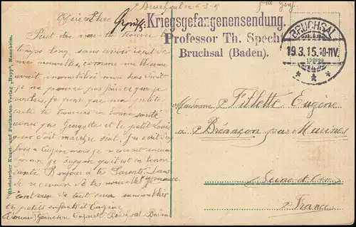 Kriegsgefangenenpost / Kriegsgefangenensendung Prof. Specht aus BRUCHSAL 19.3.15