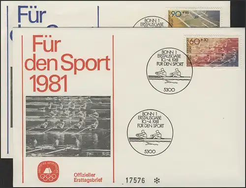 Sporthilfe Bund 1094-1095 zwei offizielle FDC Bonn 1981 - Segelflug und Rudern