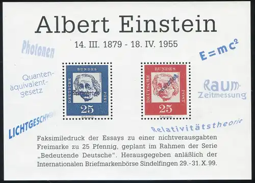 Messe Sindelfingen Albert Einstein Freimarken FAKSIMILE der Essays 1999