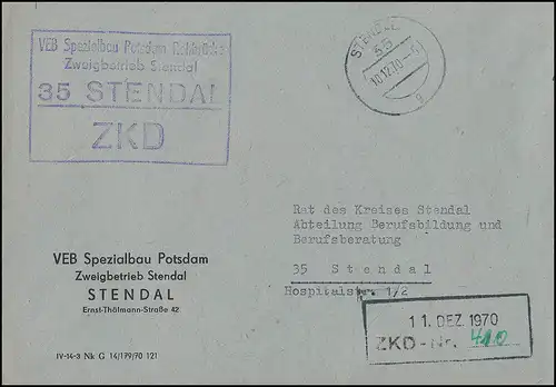 Lettre de ville ZKD VEB Construction spéciale Potsdam Rehbücke Branche STENDAL 10.12.70