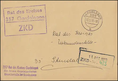 ZKD-Brief Rat des Kreises GARDELEGEN 10.12.70 nach STENDAL 11.12.70