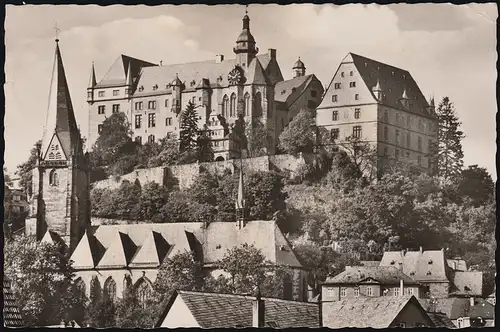 Landpost 16 Lenderscheid par TREYSA 7.9.1955, AK Marburg/Lahn Schloss (Südge)