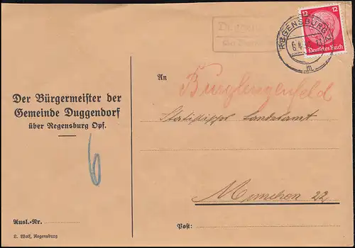 Landpost Duggendorf über REGENSBURG 6.4.1936 auf Brief nach München